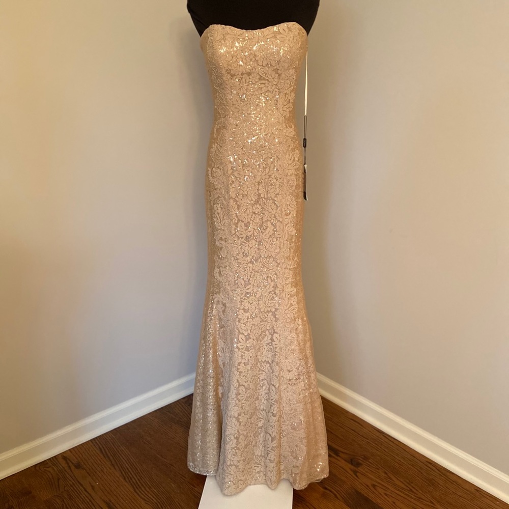 NWT La Femme Gold Lace Strapless Dress